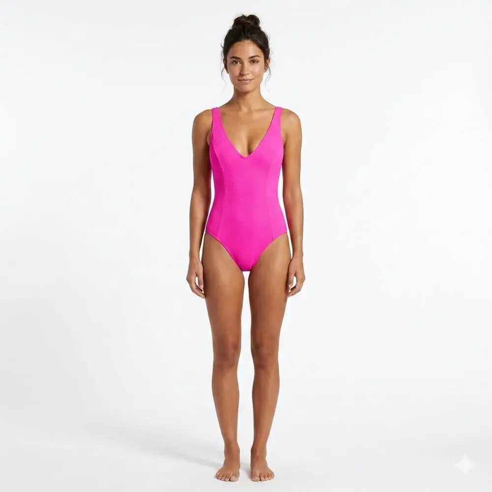 Vintage Le Cove Hot Pink Textured One Piece Swimsuit Size 12 Made in USA - Picture 8 of 9